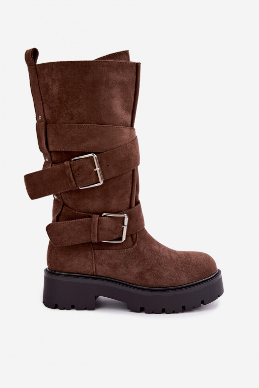 botas altas forradas com plataforma e fivelas na cor castanha Palomae
