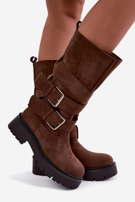 botas altas forradas com plataforma e fivelas na cor castanha Palomae