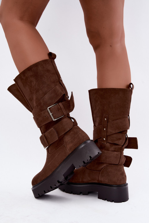 botas altas forradas com plataforma e fivelas na cor castanha Palomae