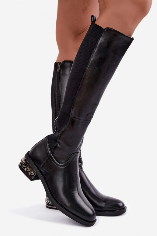 botas altas forradas com saltos e bonitos detalhes na cor preta Emani