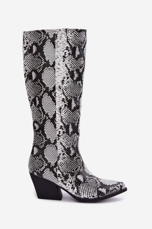 botas altas forradas estilo cowboy com padrões de cobra na cor preta Bellina