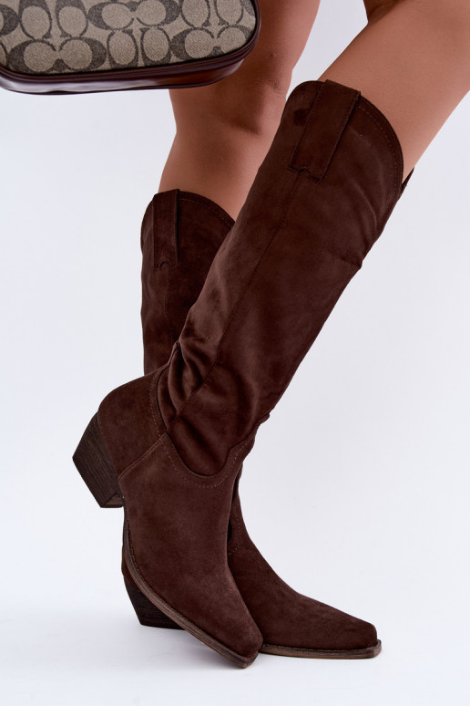 Botas de cowboy de chocolate de cano alto com salto baixo Grisel
