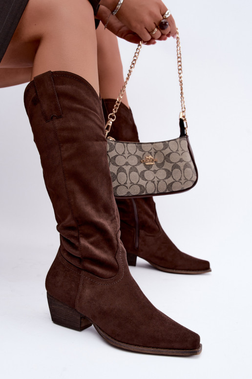Botas de cowboy de chocolate de cano alto com salto baixo Grisel