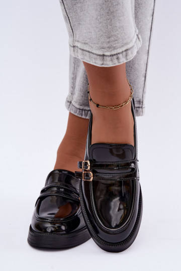 Mocassins pretos femininos com tiras Perline