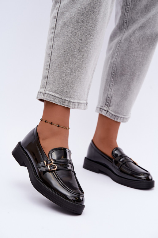 Mocassins pretos femininos com tiras Perline