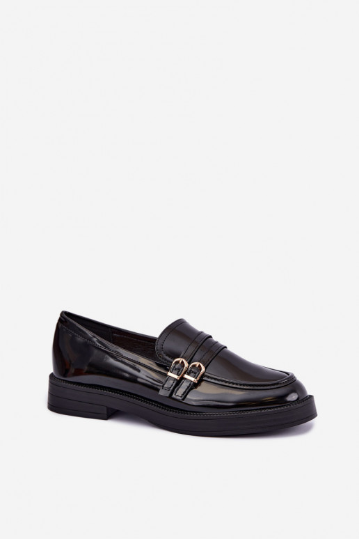 Mocassins pretos femininos com tiras Perline