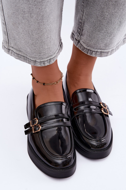 Mocassins pretos femininos com tiras Perline