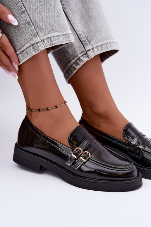 Mocassins pretos femininos com tiras Perline