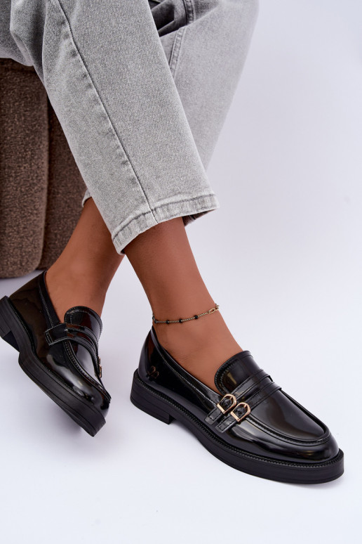 Mocassins pretos femininos com tiras Perline