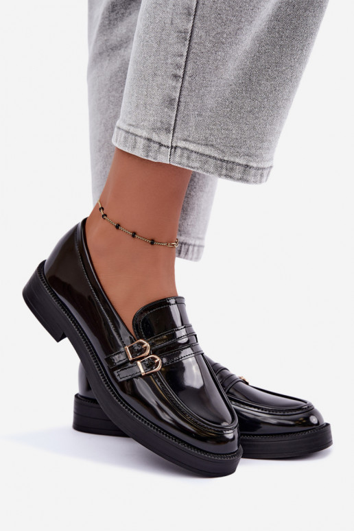 Mocassins pretos femininos com tiras Perline