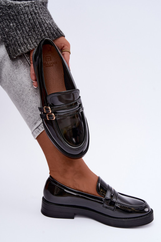 Mocassins pretos femininos com tiras Perline
