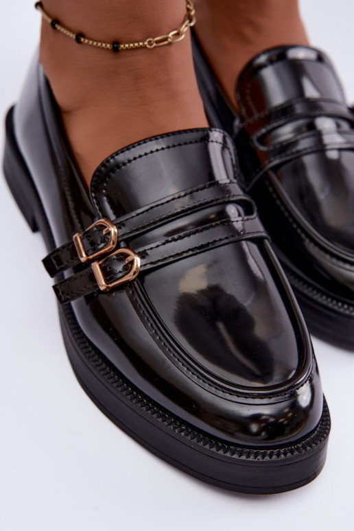 Mocassins pretos femininos com tiras Perline