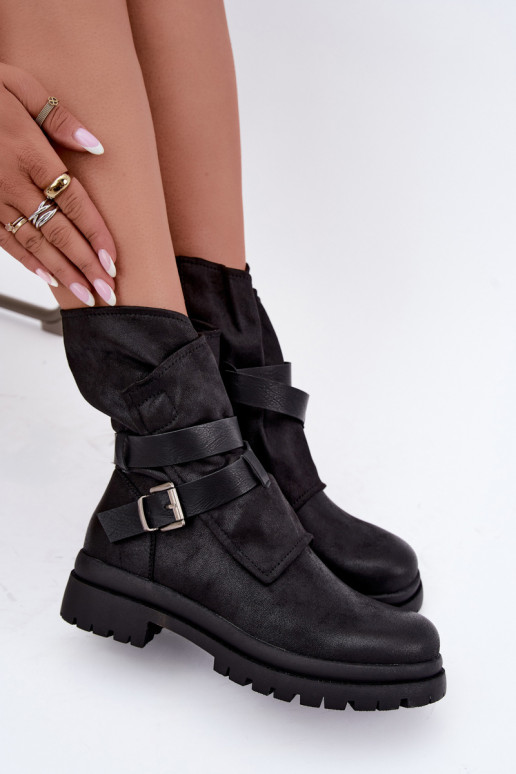 Dianelle botins femininos com tiras e fivelas na cor preta