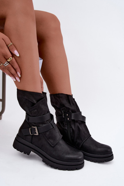 Dianelle botins femininos com tiras e fivelas na cor preta