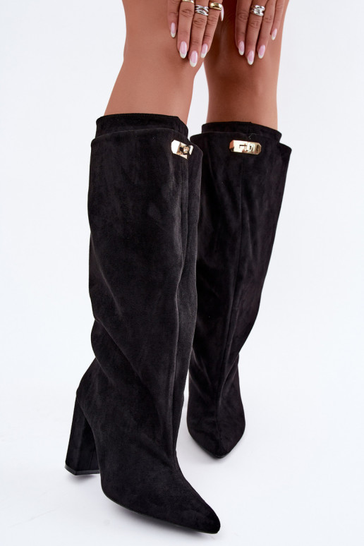 Botas altas acolchoadas com cano duplo e saltos, pretas, de camurça sintética Luminelle