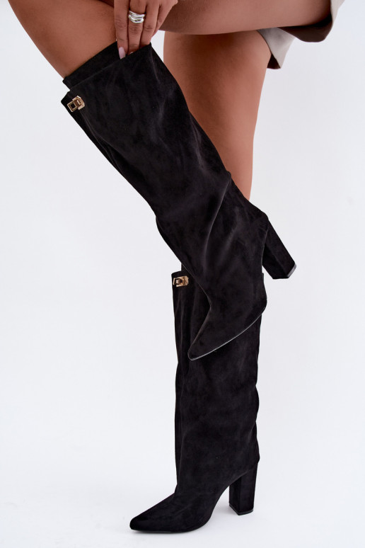 Botas altas acolchoadas com cano duplo e saltos, pretas, de camurça sintética Luminelle