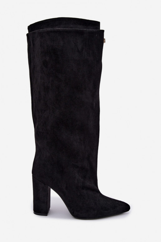 Botas altas acolchoadas com cano duplo e saltos, pretas, de camurça sintética Luminelle