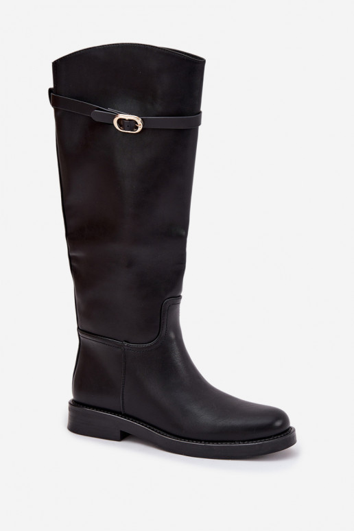 Botas pretas femininas acima do joelho com saltos largos e fivelas douradas Sylvena