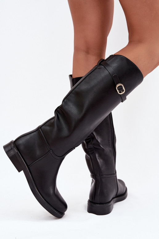 Botas pretas femininas acima do joelho com saltos largos e fivelas douradas Sylvena