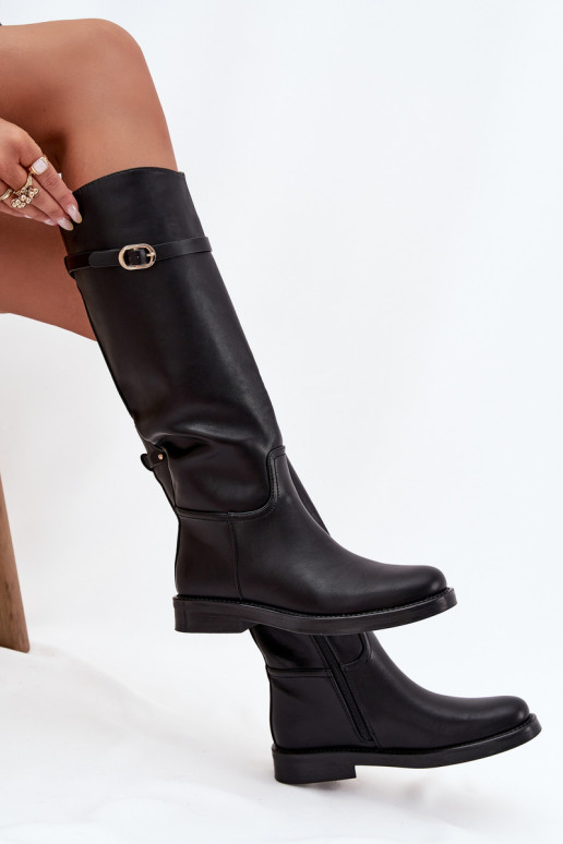 Botas pretas femininas acima do joelho com saltos largos e fivelas douradas Sylvena