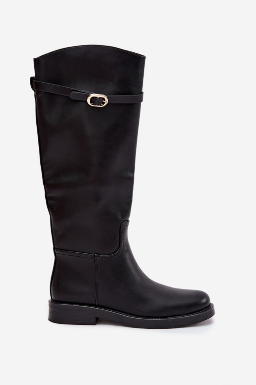 Botas pretas femininas acima do joelho com saltos largos e fivelas douradas Sylvena