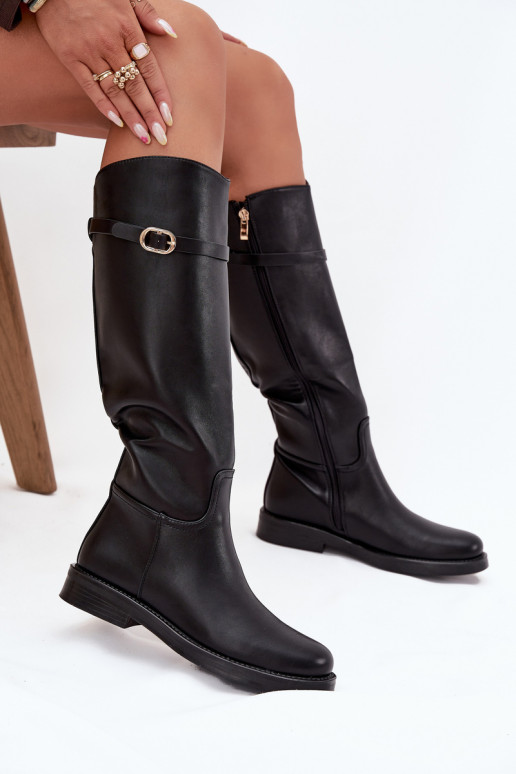 Botas pretas femininas acima do joelho com saltos largos e fivelas douradas Sylvena
