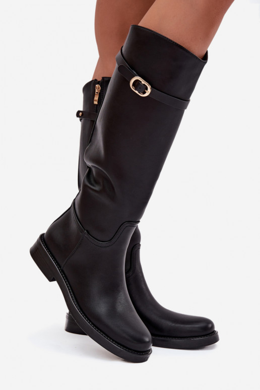 Botas pretas femininas acima do joelho com saltos largos e fivelas douradas Sylvena