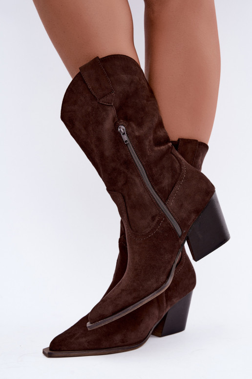 Botins quentes em estilo cowboy com salto na cor chocolate Serenza