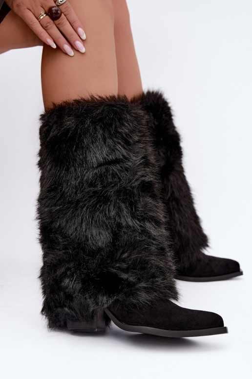 Botas altas quentes com pelo e atacadores na cor preta Saphielle