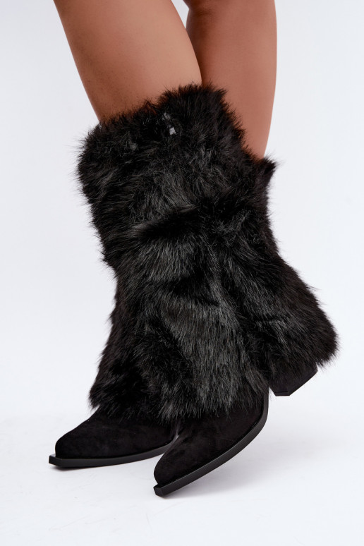 Botas altas quentes com pelo e atacadores na cor preta Saphielle