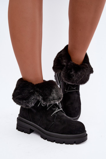 Botins quentes com atacadores e pelo dentro na cor preta Heloise