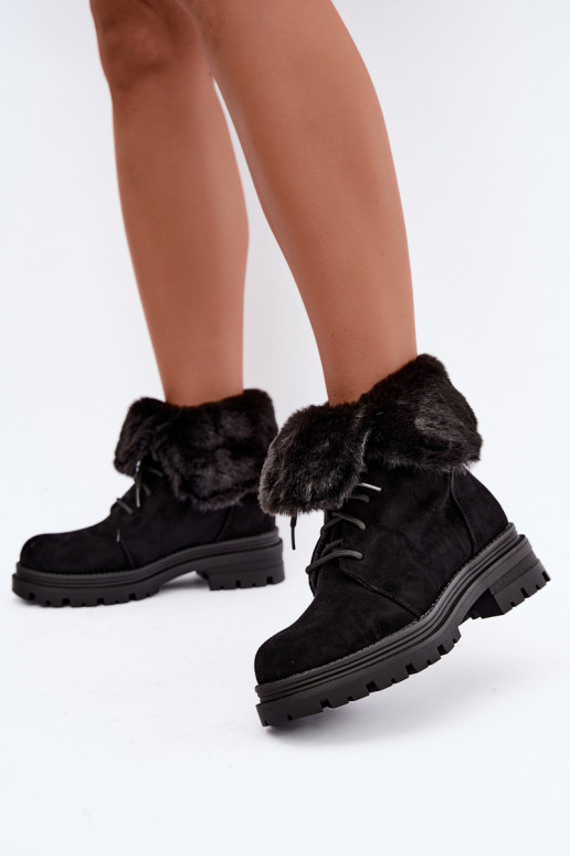 Botins quentes com atacadores e pelo dentro na cor preta Heloise