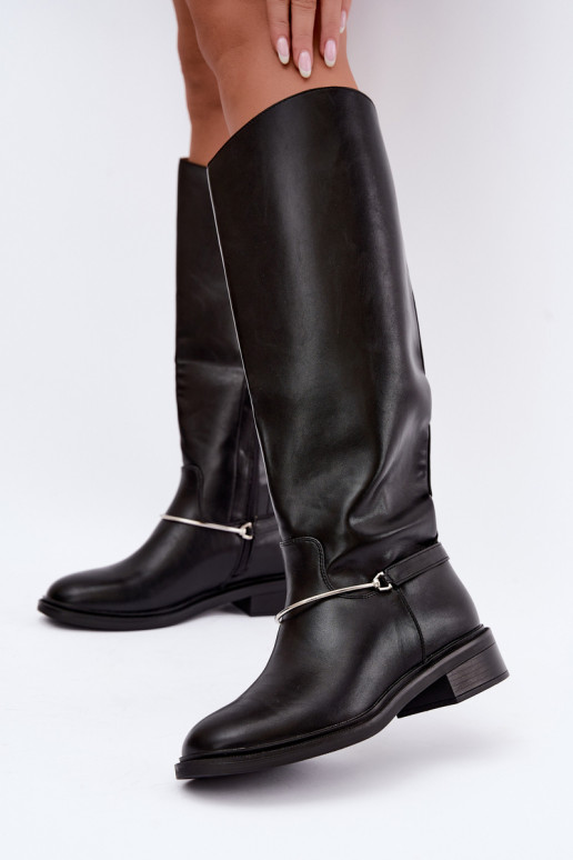 Botas altas com saltos largos e fitas decorativas na cor preta INillene
