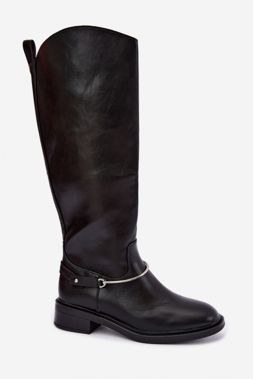 Botas altas com saltos largos e fitas decorativas na cor preta INillene