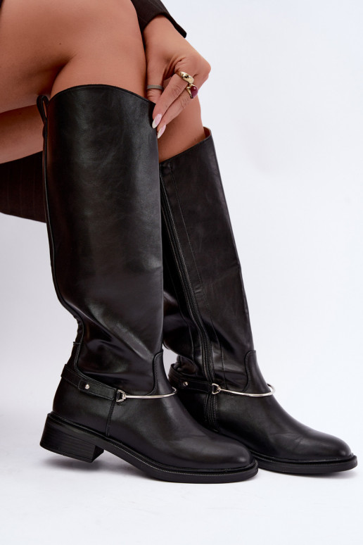 Botas altas com saltos largos e fitas decorativas na cor preta INillene