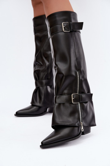 Botas altas com salto e atacadores com fitas e fivelas na cor preta Amorette 2