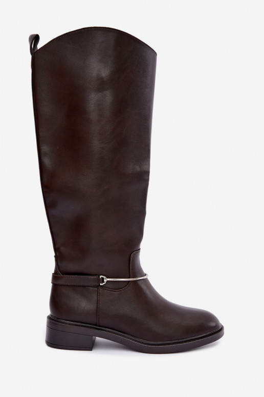Botas altas com saltos largos e fitas decorativas na cor chocolate INillene