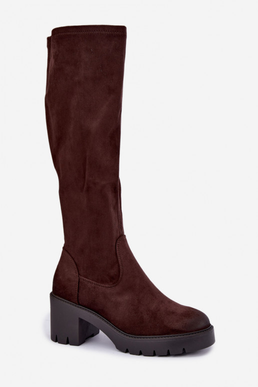 Botas acima do joelho em camurça sintética com salto cor de chocolate Vinceza 58332