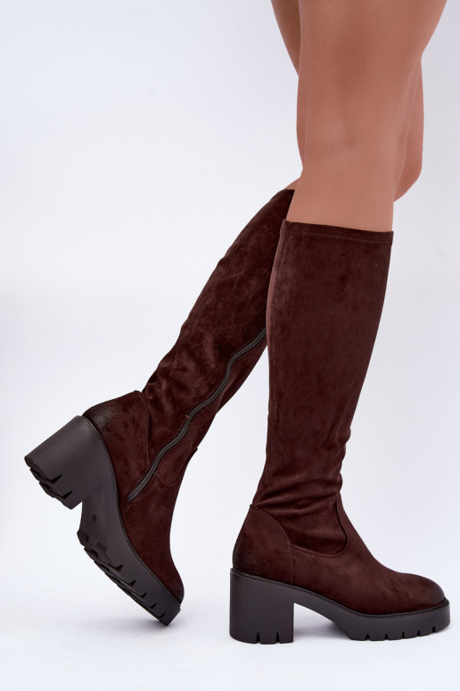 Botas acima do joelho em camurça sintética com salto cor de chocolate Vinceza 58332