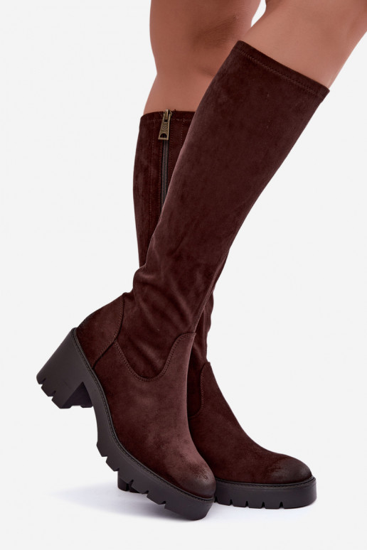 Botas acima do joelho em camurça sintética com salto cor de chocolate Vinceza 58332