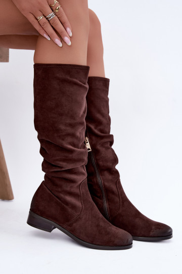 Botas isoladas enrugadas acima do joelho com salto largo cor de chocolate Vinceza 58669