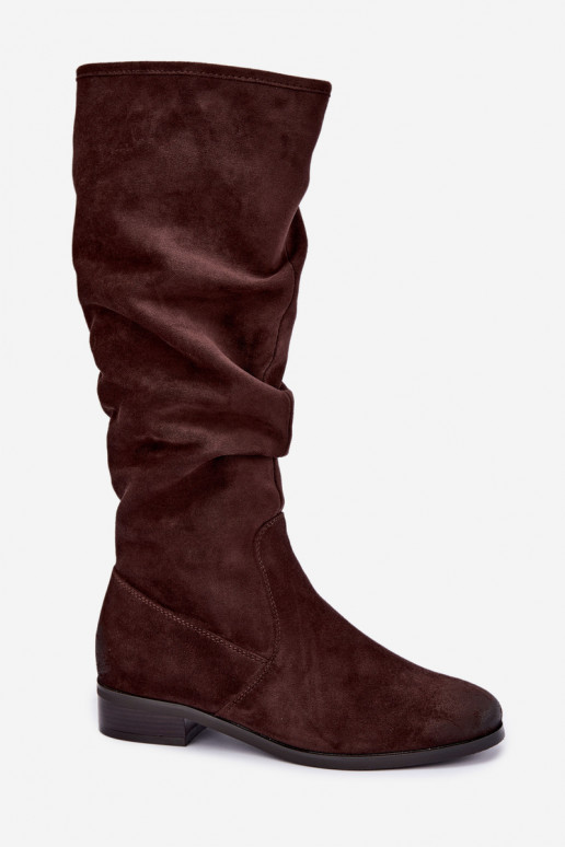 Botas isoladas enrugadas acima do joelho com salto largo cor de chocolate Vinceza 58669