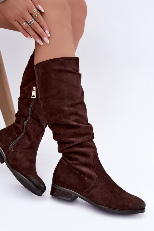 Botas isoladas enrugadas acima do joelho com salto largo cor de chocolate Vinceza 58669