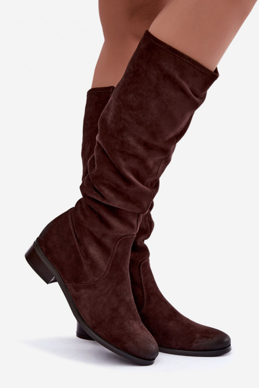 Botas isoladas enrugadas acima do joelho com salto largo cor de chocolate Vinceza 58669