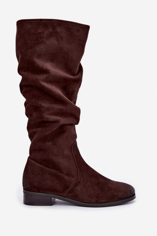 Botas isoladas enrugadas acima do joelho com salto largo cor de chocolate Vinceza 58669
