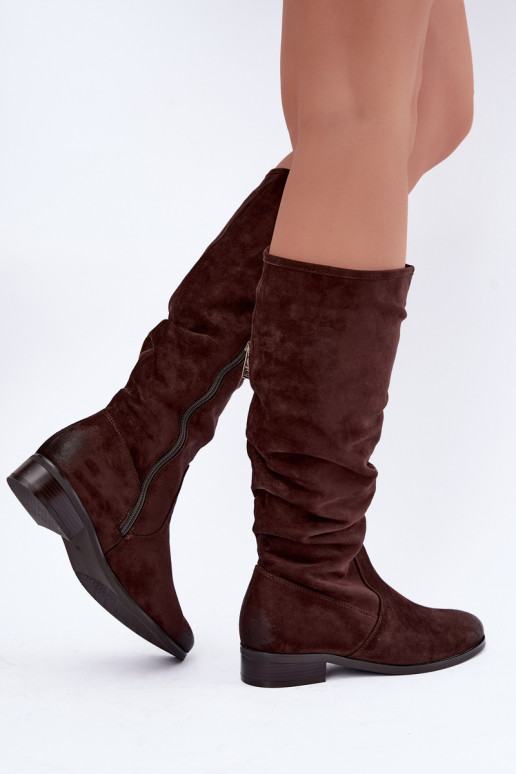 Botas isoladas enrugadas acima do joelho com salto largo cor de chocolate Vinceza 58669