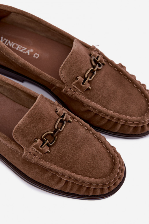 mocassins em camurça com babados e decoração Vinceza 31718 na cor areia
