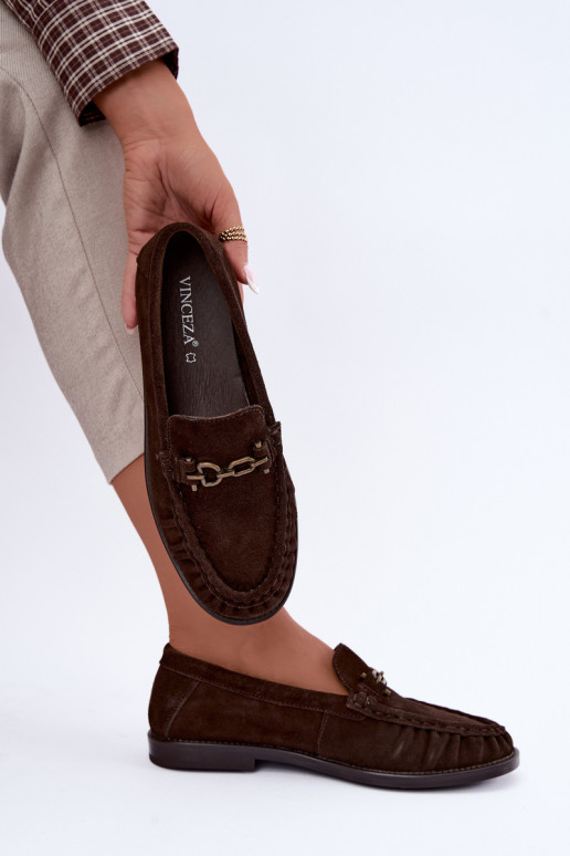 mocassins em camurça com babados e decoração Vinceza 31718 na cor chocolate