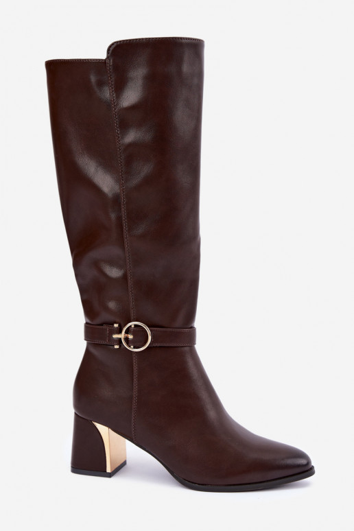 botas longas forradas com salto e saltos decorados na cor chocolate Senvia