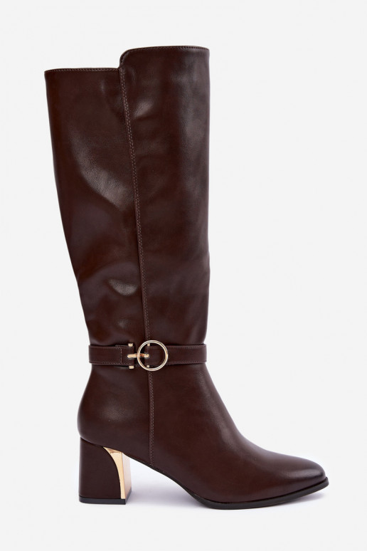 botas longas forradas com salto e saltos decorados na cor chocolate Senvia